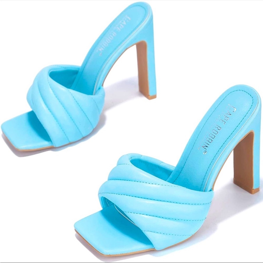 Baby Blue Quilted Vegan Leather Square Toe High Heel Mule Sandals